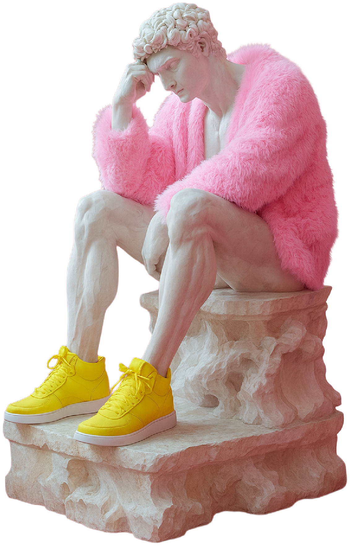 Roman statue thinking pink fur coat yellow high tops sitting brxtn mktg ai art